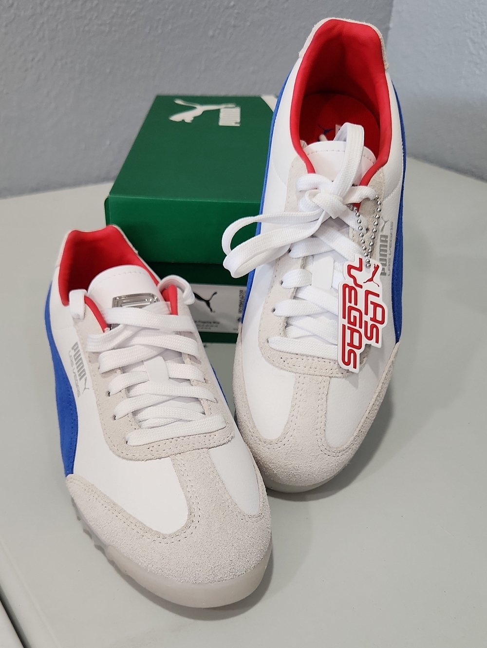Puma White, Blue & Red Retro Runner Sneakers.